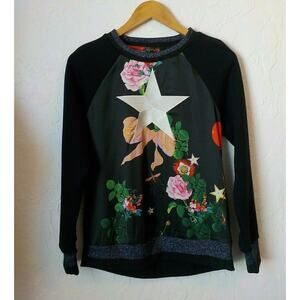 Rowley Love Kit Women XS Black Pullover Top Floral Graphic Embroidery Star Satin